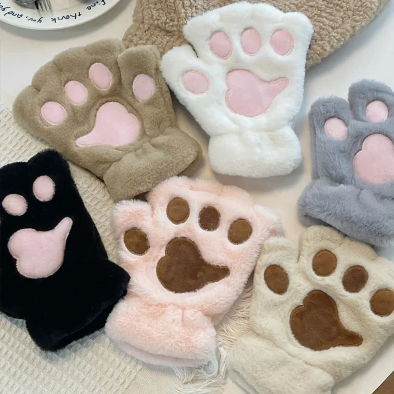 Fingerless Glove Knit - Niedliche Plüsch-Katzenpfoten-Handschuhe, Plüsch-Fäustlinge, warme, weiche, kurze,